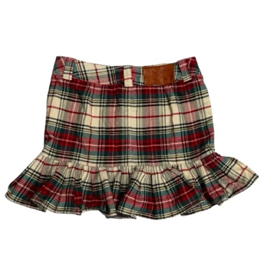 Ralph Lauren Girls Red Plaid Ruffle Mini Skirt Size 14 Preppy Tartan Wool Blend